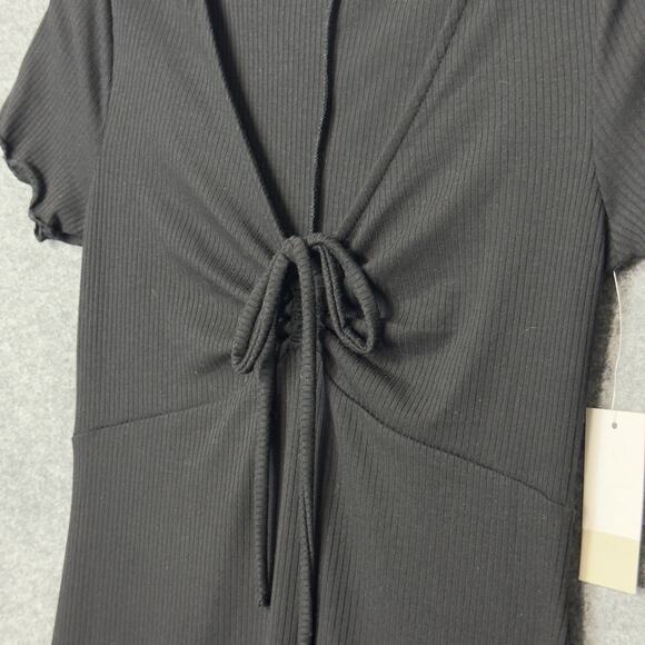 Black Mini Dress Babydoll Rib Knit Lettuce Edge Tie Front BP S Whimsigoth Retro - Picture 6 of 15
